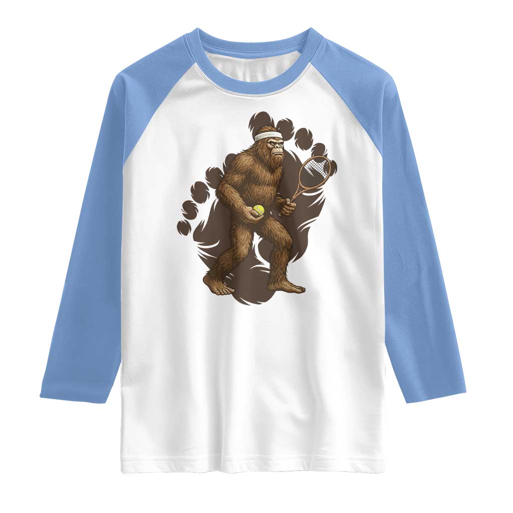 Funny Bigfoot Tennis Player Raglan Shirt Folklore Cryptid Gift TS12 White Carolina Blue Print Your Wear