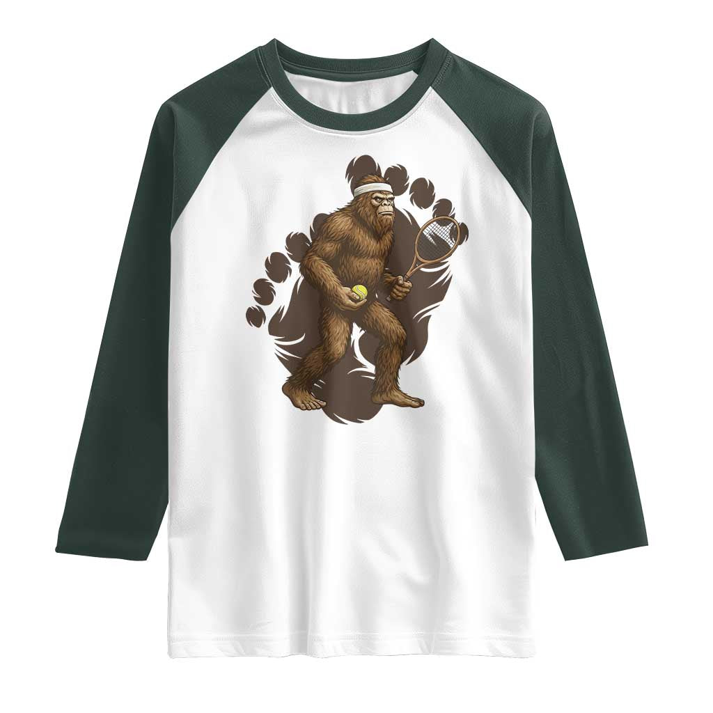 Funny Bigfoot Tennis Player Raglan Shirt Folklore Cryptid Gift TS12 White Dark Forest Green Print Your Wear