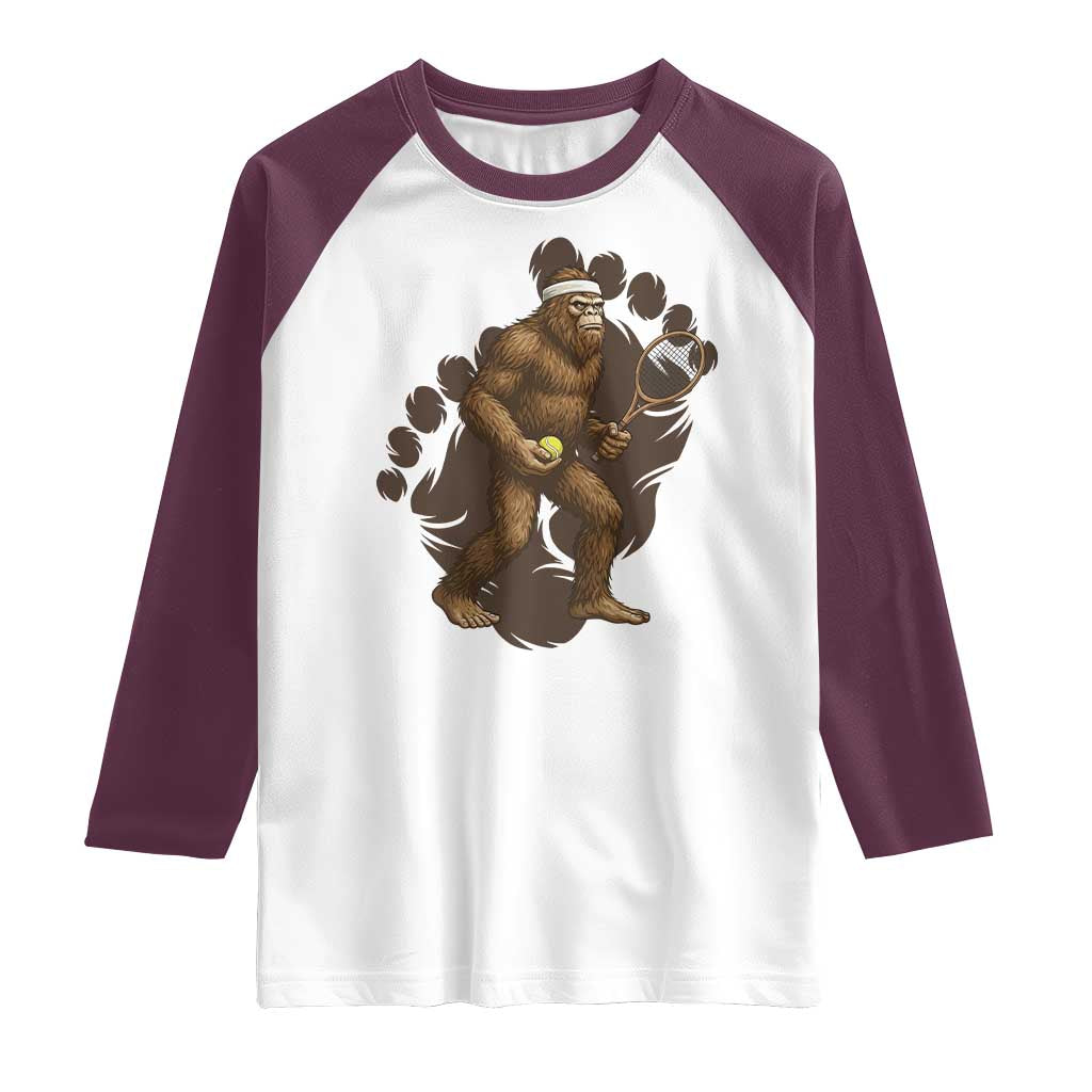 Funny Bigfoot Tennis Player Raglan Shirt Folklore Cryptid Gift TS12 White Maroon Print Your Wear