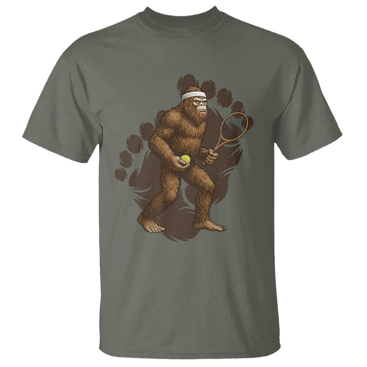 Funny Bigfoot Tennis Player T Shirt Folklore Cryptid Gift TS12 Military Green Print Your Wear