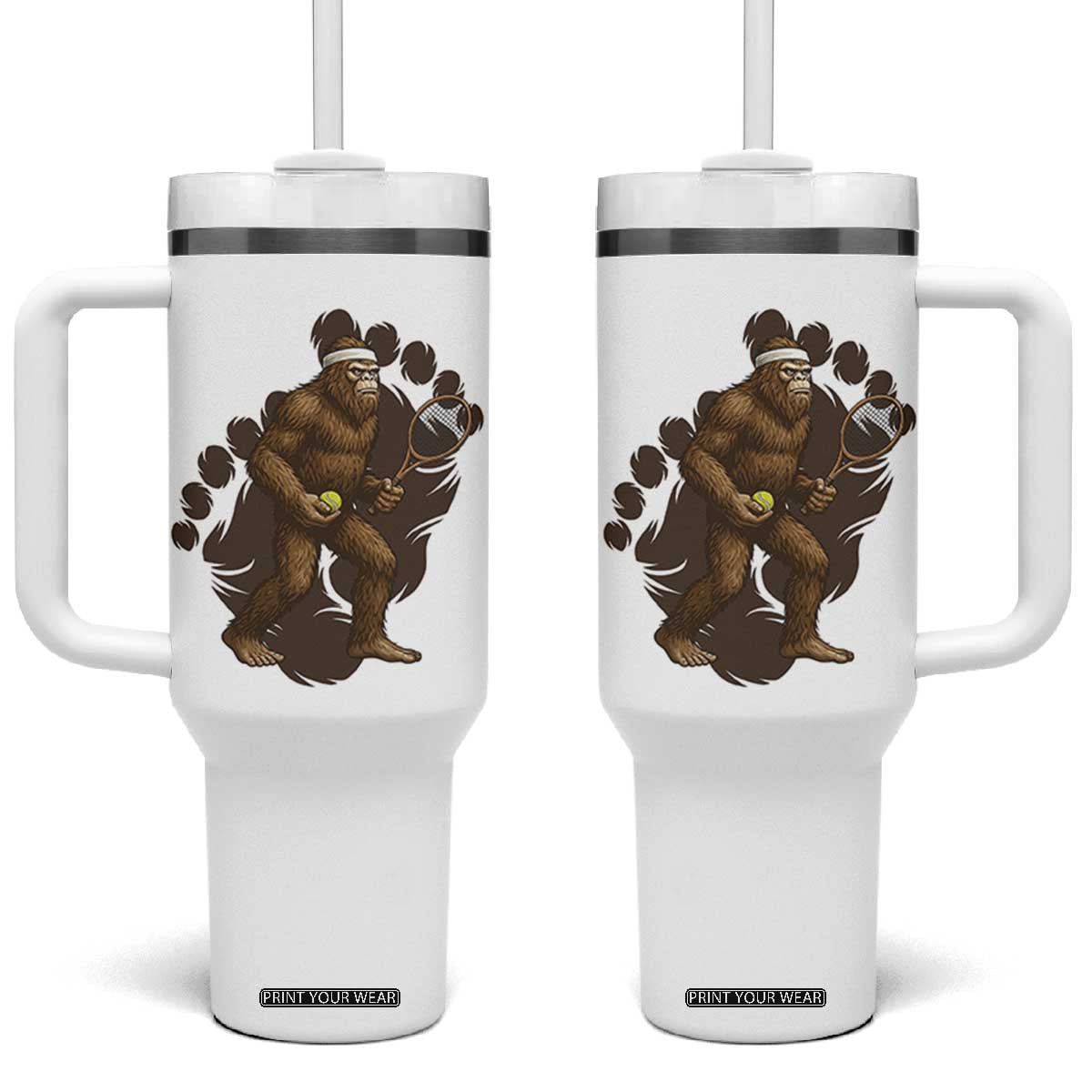 Funny Bigfoot Tennis Player Tumbler With Handle Folklore Cryptid Gift TS12 One Size: 40 oz White Print Your Wear