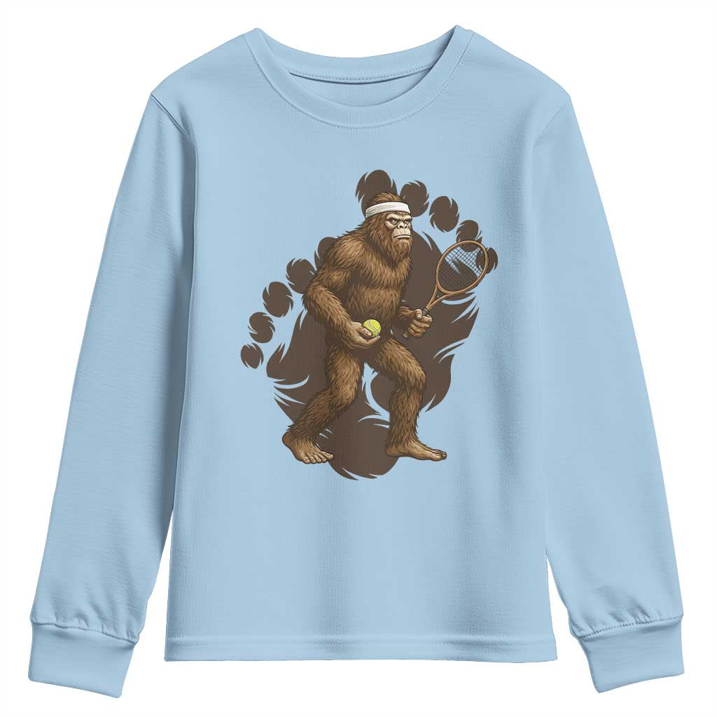 Funny Bigfoot Tennis Player Youth Sweatshirt Folklore Cryptid Gift TS12 Light Blue Print Your Wear