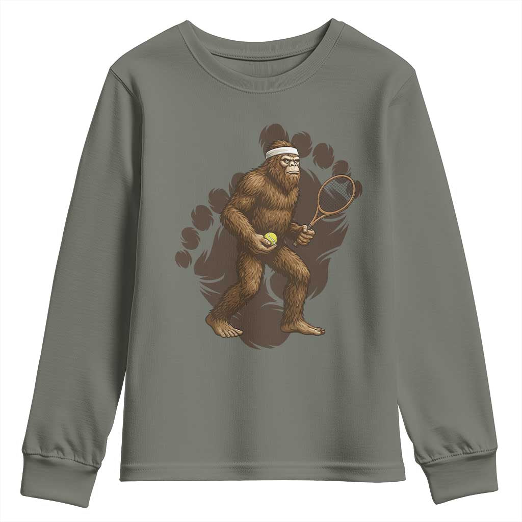 Funny Bigfoot Tennis Player Youth Sweatshirt Folklore Cryptid Gift TS12 Military Green Print Your Wear