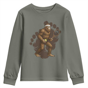 Funny Bigfoot Tennis Player Youth Sweatshirt Folklore Cryptid Gift TS12 Military Green Print Your Wear