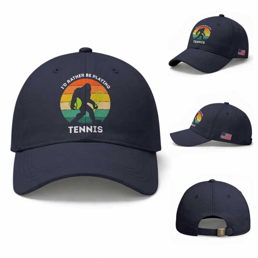 Id Rather Be Playing Tennis Baseball Cap Vintage Retro Bigfoot Tennis Player Gift TS12 Baseball Cap Universal Fit Navy Print Your Wear