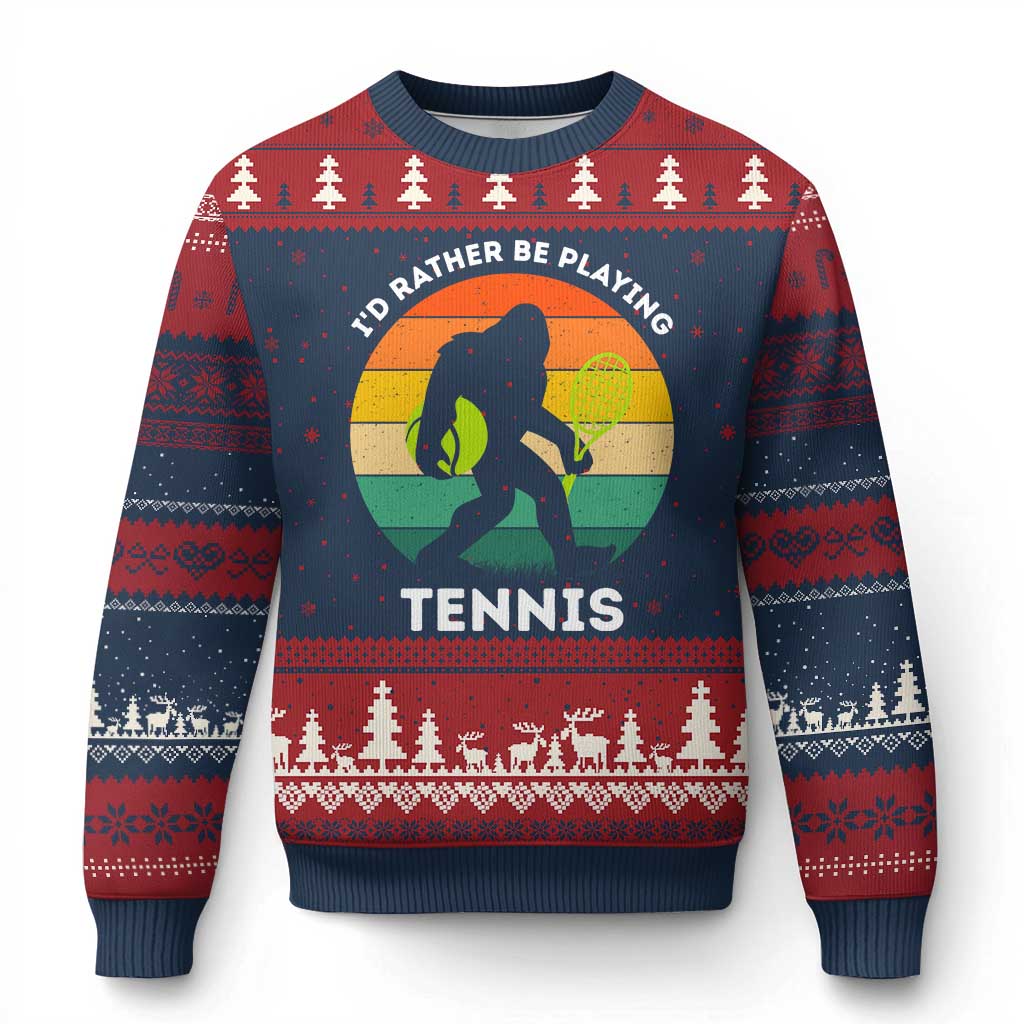 Id Rather Be Playing Tennis Ugly Christmas Sweater Vintage Retro Bigfoot Tennis Player Gift TS12 Navy Red Print Your Wear