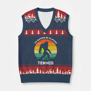 Id Rather Be Playing Tennis V-Neck Knit Sweater Vest Vintage Retro Bigfoot Tennis Player Gift TS12 Navy Red Print Your Wear