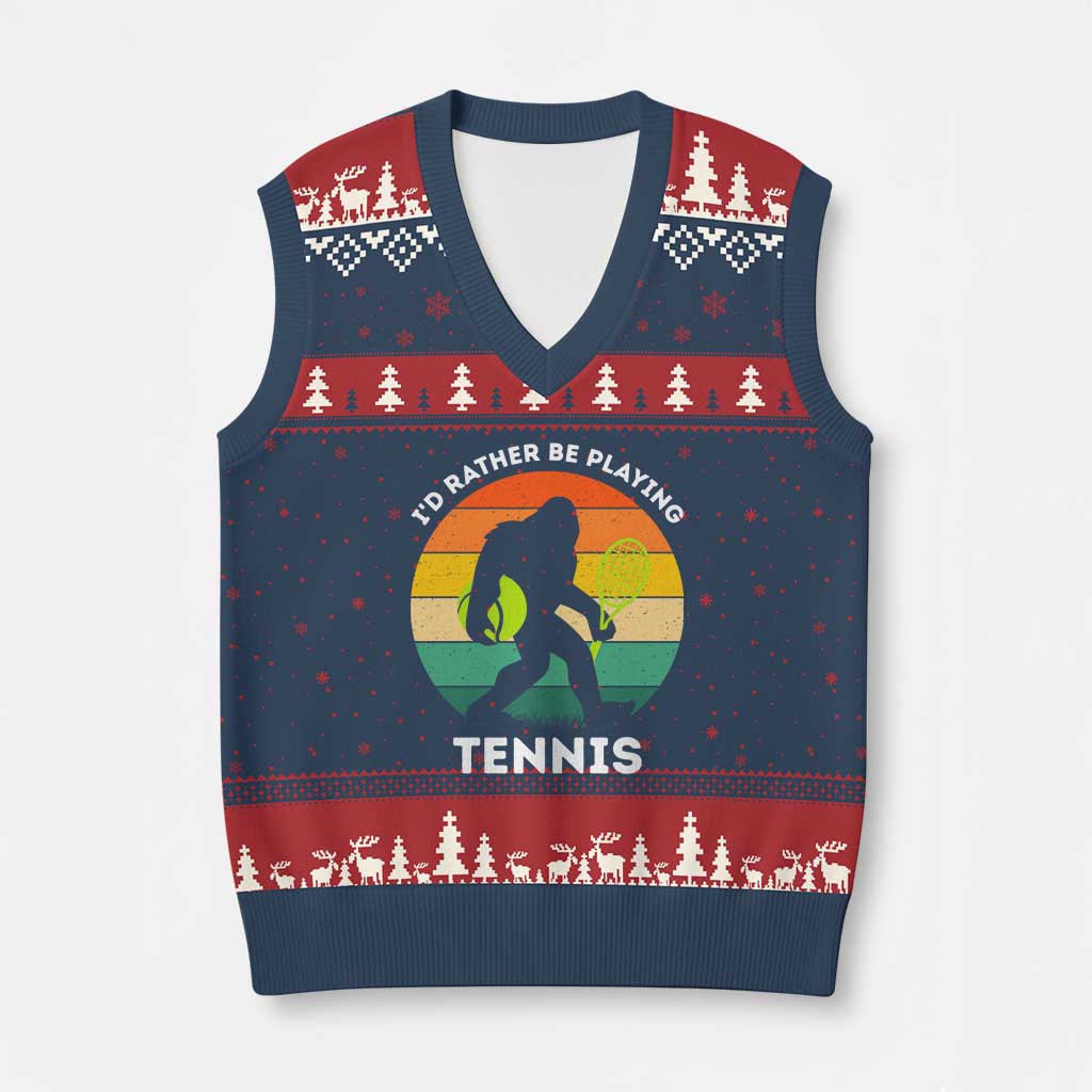 Id Rather Be Playing Tennis V-Neck Knit Sweater Vest Vintage Retro Bigfoot Tennis Player Gift TS12 Navy Red Print Your Wear