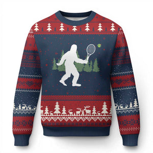 Funny Sasquatch Tennis Player Ugly Christmas Sweater Folklore Cryptid Gift TS12 Navy Red Print Your Wear