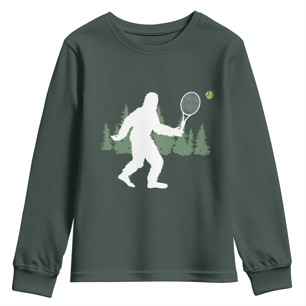 Funny Sasquatch Tennis Player Youth Sweatshirt Folklore Cryptid Gift TS12 Dark Forest Green Print Your Wear