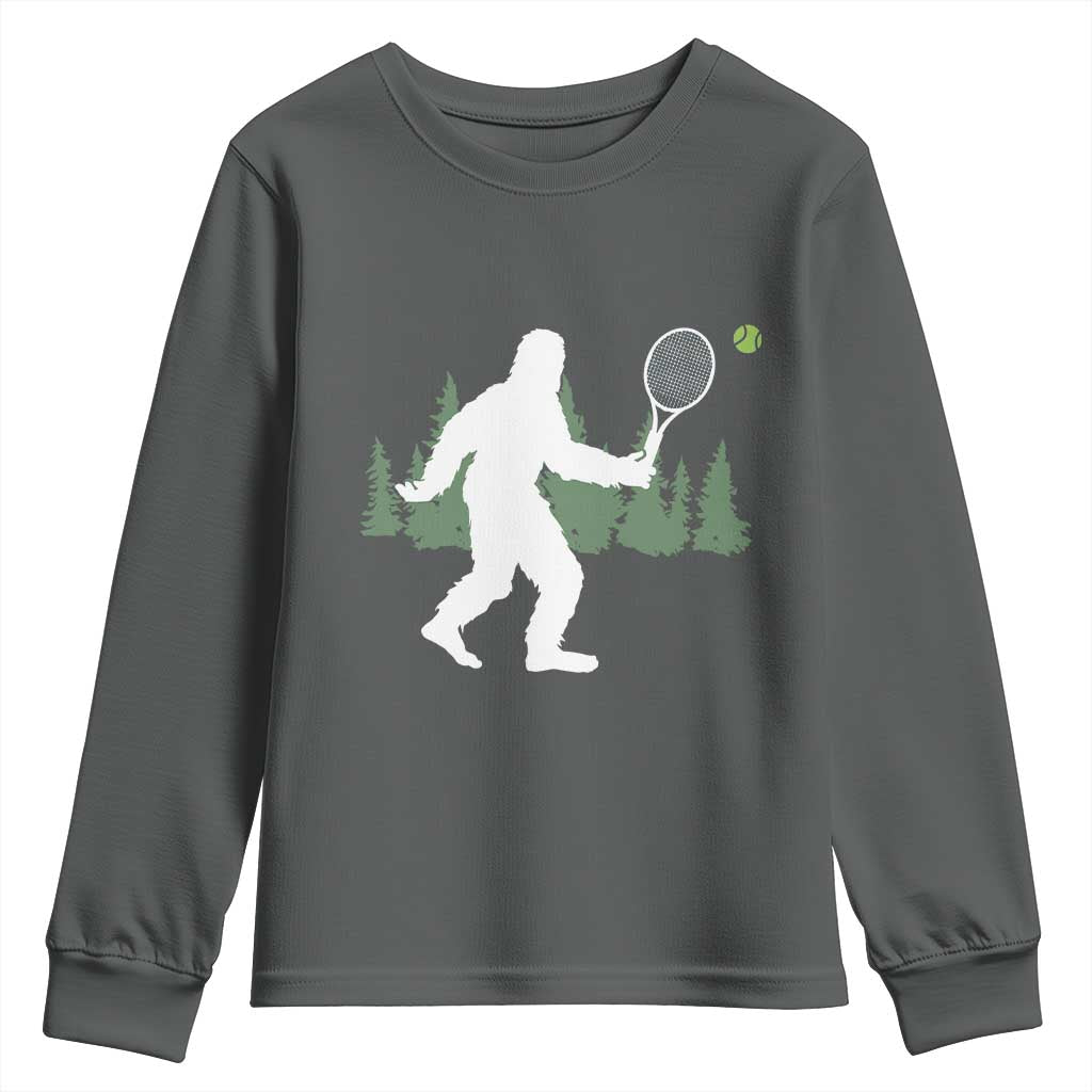 Funny Sasquatch Tennis Player Youth Sweatshirt Folklore Cryptid Gift TS12 Dark Heather Print Your Wear