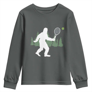 Funny Sasquatch Tennis Player Youth Sweatshirt Folklore Cryptid Gift TS12 Dark Heather Print Your Wear
