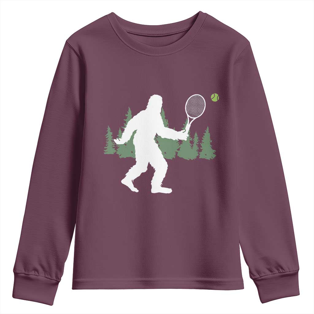 Funny Sasquatch Tennis Player Youth Sweatshirt Folklore Cryptid Gift TS12 Maroon Print Your Wear