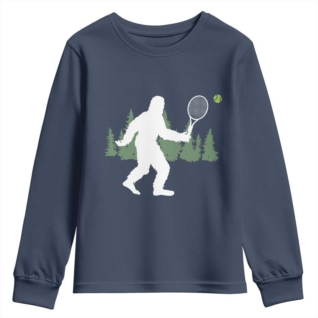 Funny Sasquatch Tennis Player Youth Sweatshirt Folklore Cryptid Gift TS12 Navy Print Your Wear