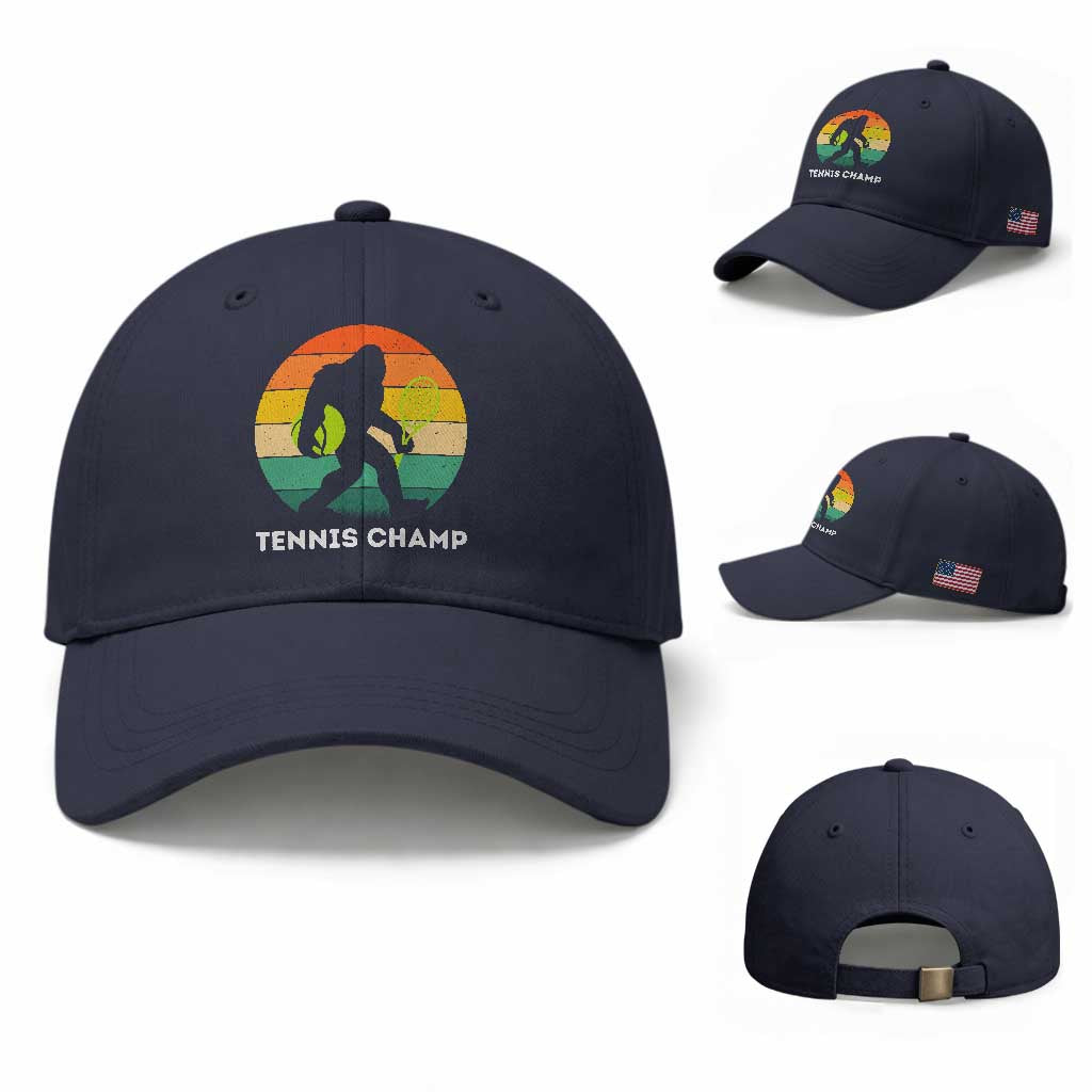 Vintage Retro Bigfoot Tennis Player Gift Baseball Cap Tennis Champ TS12 Baseball Cap Universal Fit Navy Print Your Wear