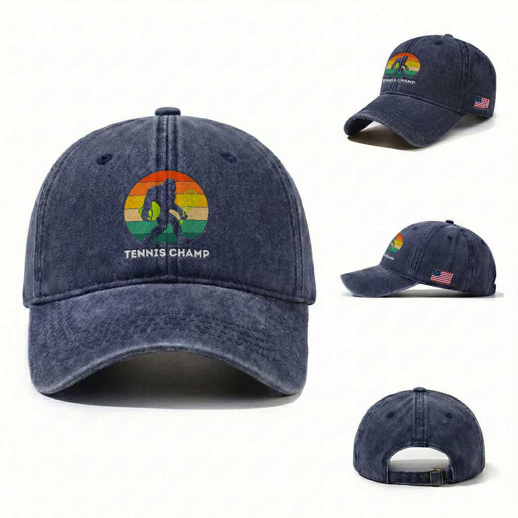 Vintage Retro Bigfoot Tennis Player Gift Washed Cotton Baseball Cap Tennis Champ TS12 Washed Cap Universal Fit Navy Print Your Wear