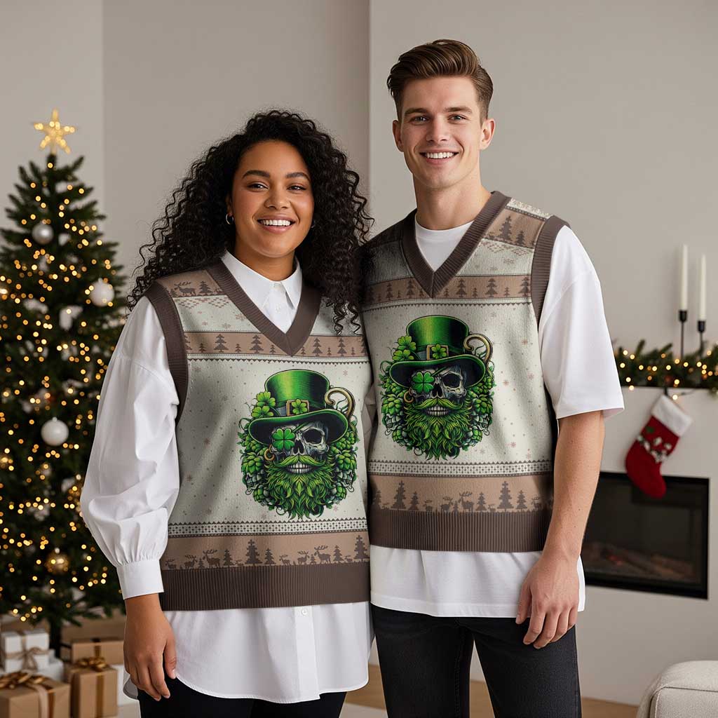 Irish Leprechaun Skull V-Neck Knit Sweater Vest St Patricks Day Party Gift TS12 Mocha Mousse Print Your Wear