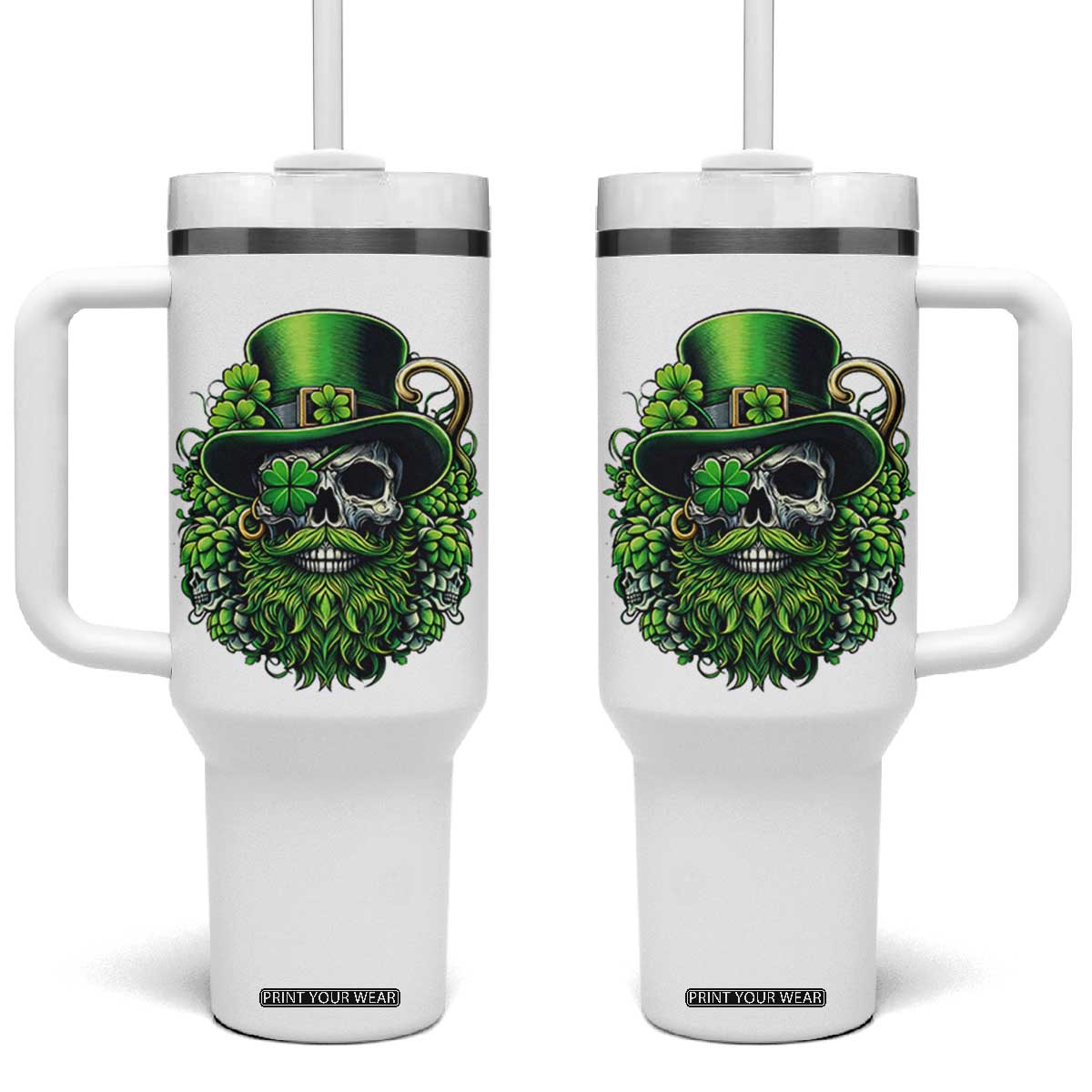 Irish Leprechaun Skull Tumbler With Handle St Patricks Day Party Gift TS12 One Size: 40 oz White Print Your Wear