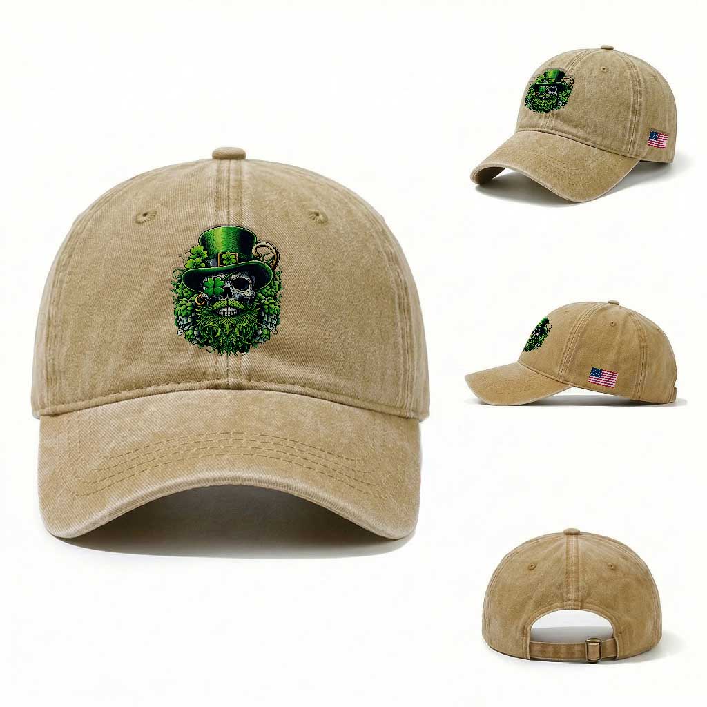 Irish Leprechaun Skull Washed Cotton Baseball Cap St Patricks Day Party Gift TS12 Washed Cap Universal Fit Khaki Print Your Wear
