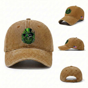 Irish Leprechaun Skull Washed Cotton Baseball Cap St Patricks Day Party Gift TS12 Washed Cap Universal Fit Yellow Ochre Print Your Wear