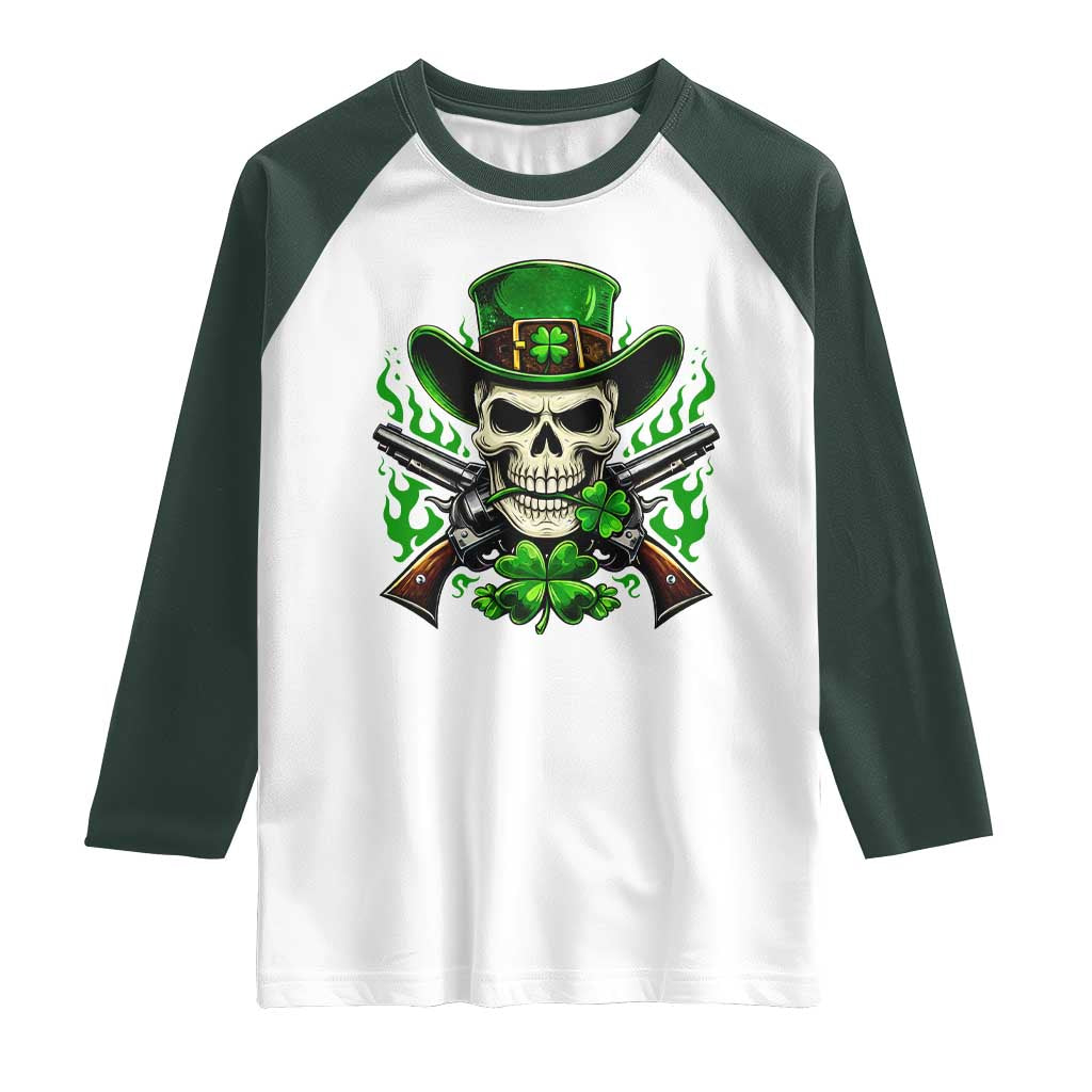 Irish Cowboy Skeleton Raglan Shirt St Patricks Day Party Gift TS12 White Dark Forest Green Print Your Wear