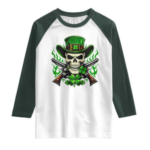 Irish Cowboy Skeleton Raglan Shirt St Patricks Day Party Gift TS12 White Dark Forest Green Print Your Wear