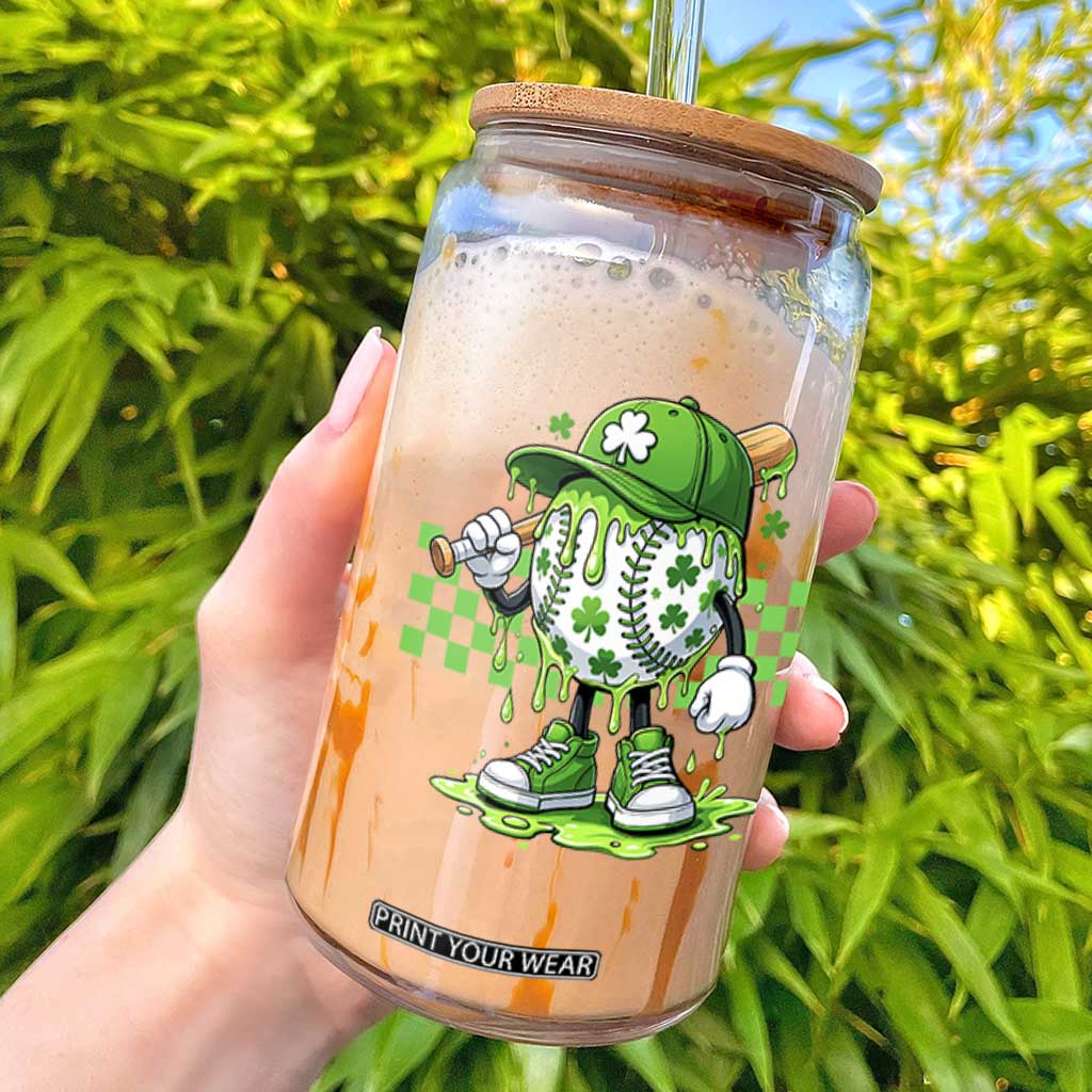 St Patricks Day Shamrock Baseball Player Gift Glass Can TS12 White Print Your Wear