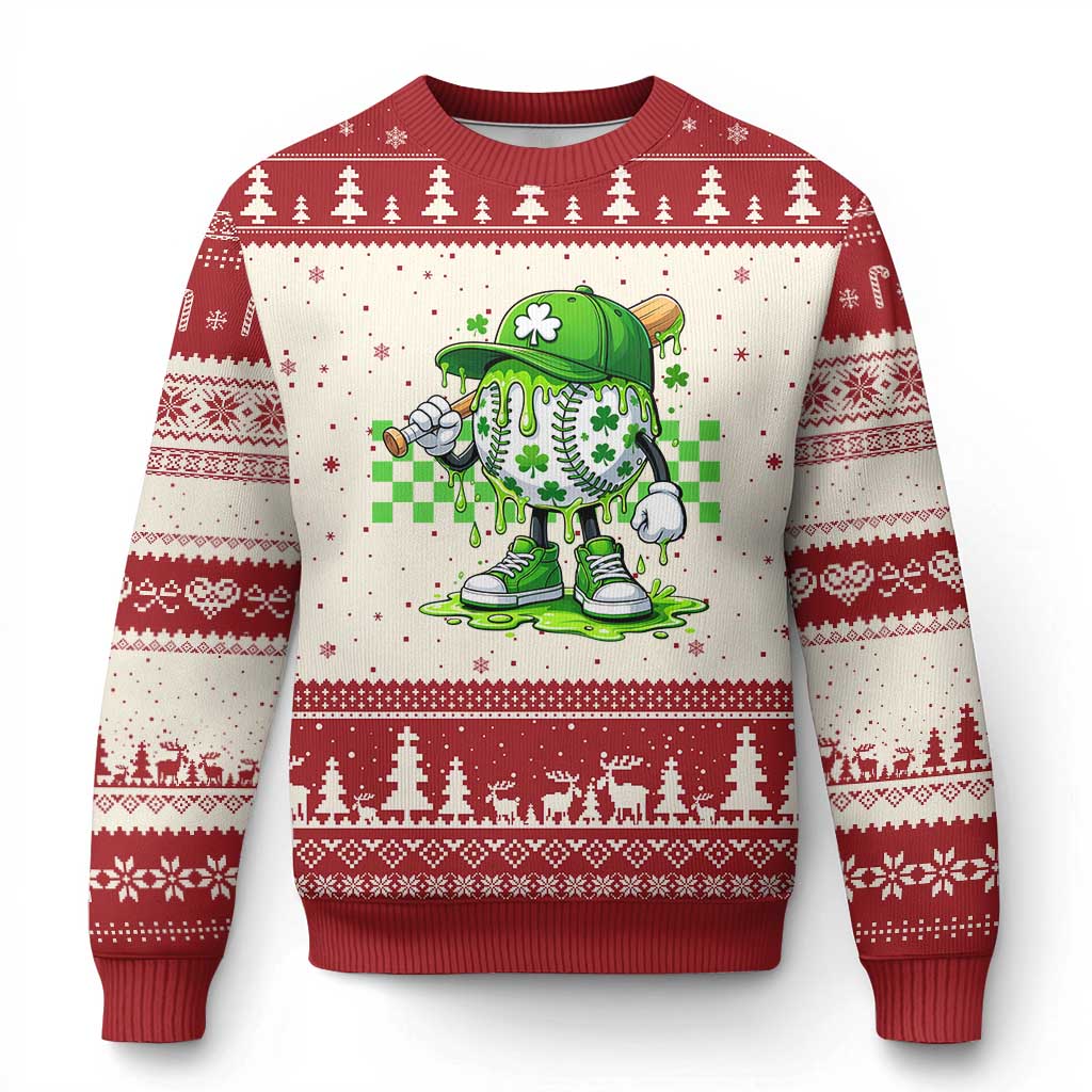 St Patricks Day Shamrock Baseball Player Gift Ugly Christmas Sweater TS12 Beige Red Print Your Wear