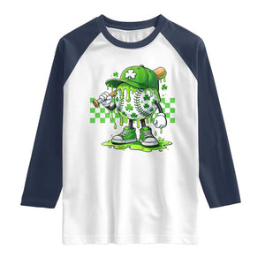 St Patricks Day Shamrock Baseball Player Gift Raglan Shirt TS12 White Navy Print Your Wear