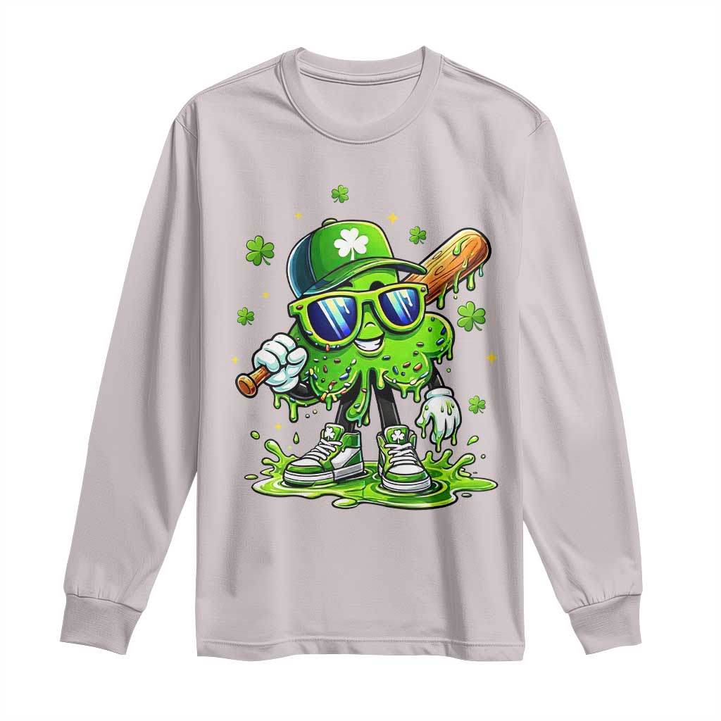 Funny St Patricks Day Clover Baseball Player Gift Long Sleeve Shirt TS12 Ice Gray Print Your Wear