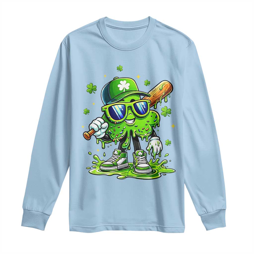 Funny St Patricks Day Clover Baseball Player Gift Long Sleeve Shirt TS12 Light Blue Print Your Wear