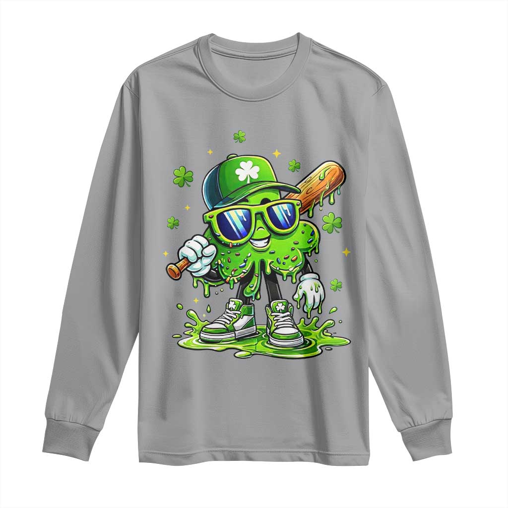 Funny St Patricks Day Clover Baseball Player Gift Long Sleeve Shirt TS12 Sport Gray Print Your Wear