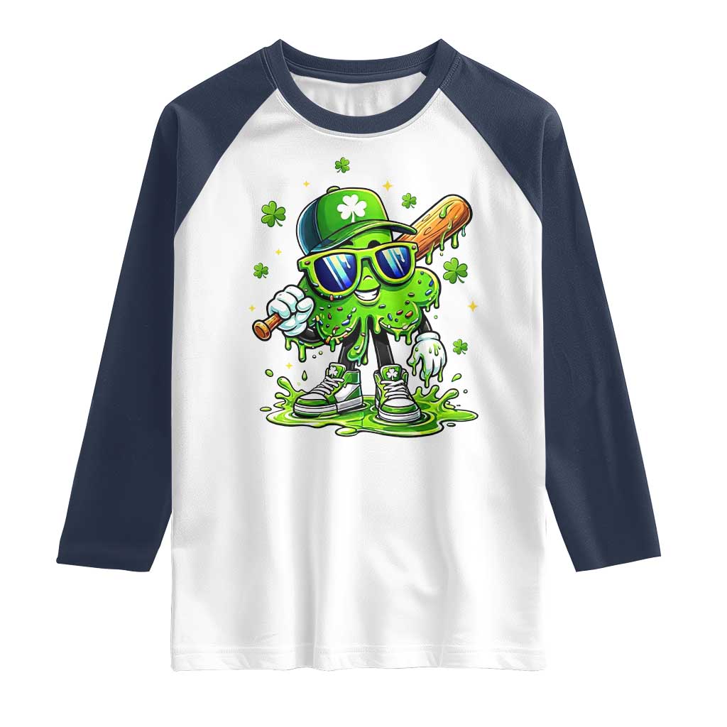 Funny St Patricks Day Clover Baseball Player Gift Raglan Shirt TS12 White Navy Print Your Wear