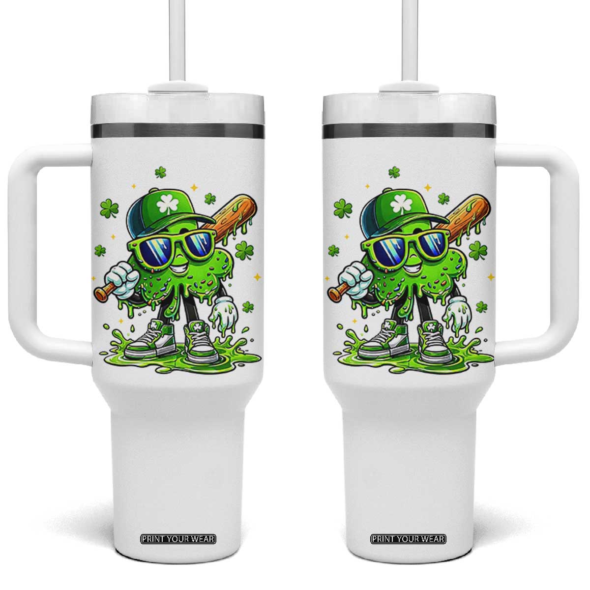 Funny St Patricks Day Clover Baseball Player Gift Tumbler With Handle TS12 One Size: 40 oz White Print Your Wear