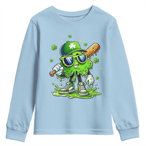 Funny St Patricks Day Clover Baseball Player Gift Youth Sweatshirt TS12 Light Blue Print Your Wear