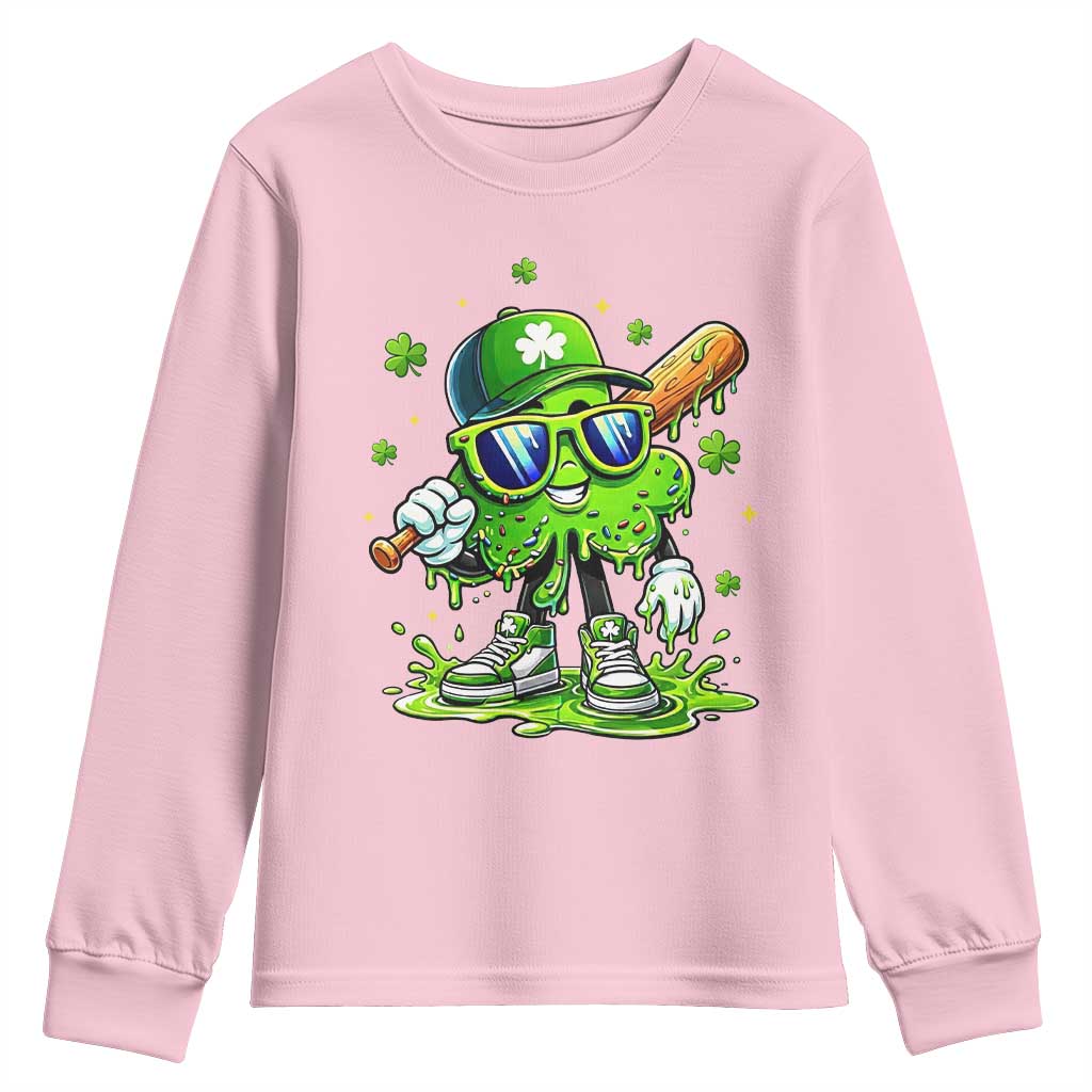 Funny St Patricks Day Clover Baseball Player Gift Youth Sweatshirt TS12 Light Pink Print Your Wear