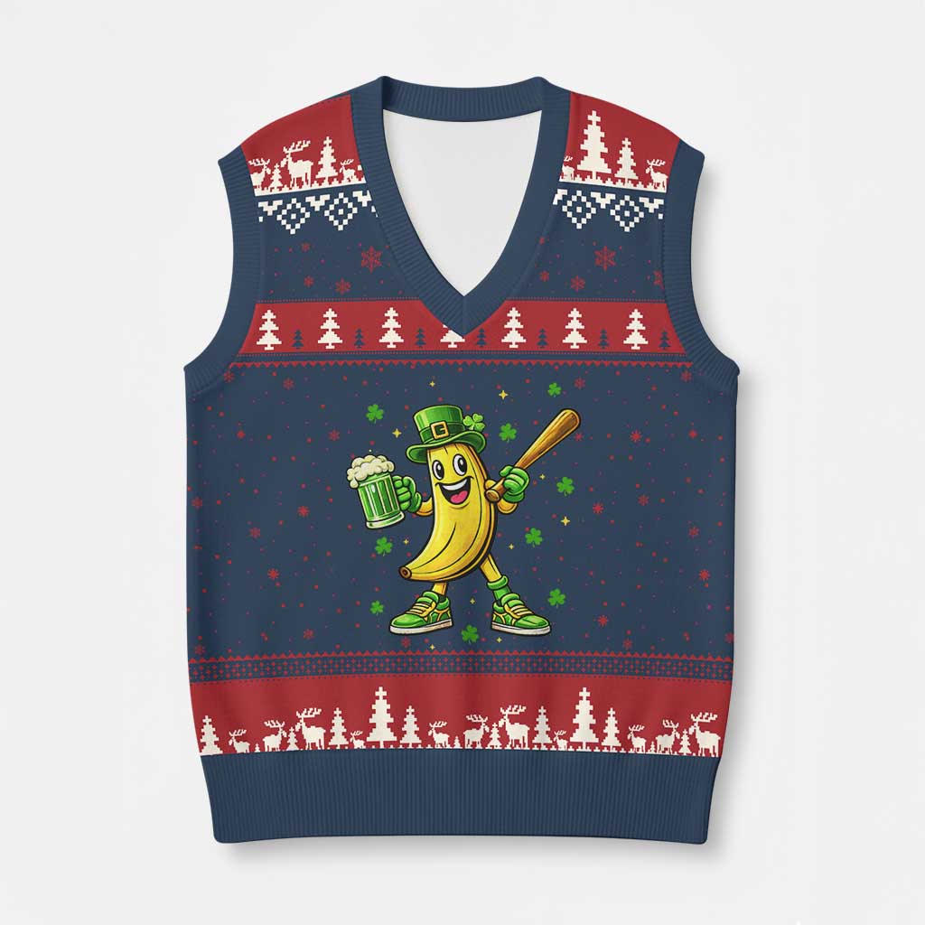 Funny Banana Baseball Player Gift V-Neck Knit Sweater Vest St Patricks Day TS12 Navy Red Print Your Wear
