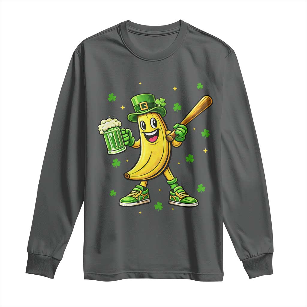 Funny Banana Baseball Player Gift Long Sleeve Shirt St Patricks Day TS12 Dark Heather Print Your Wear