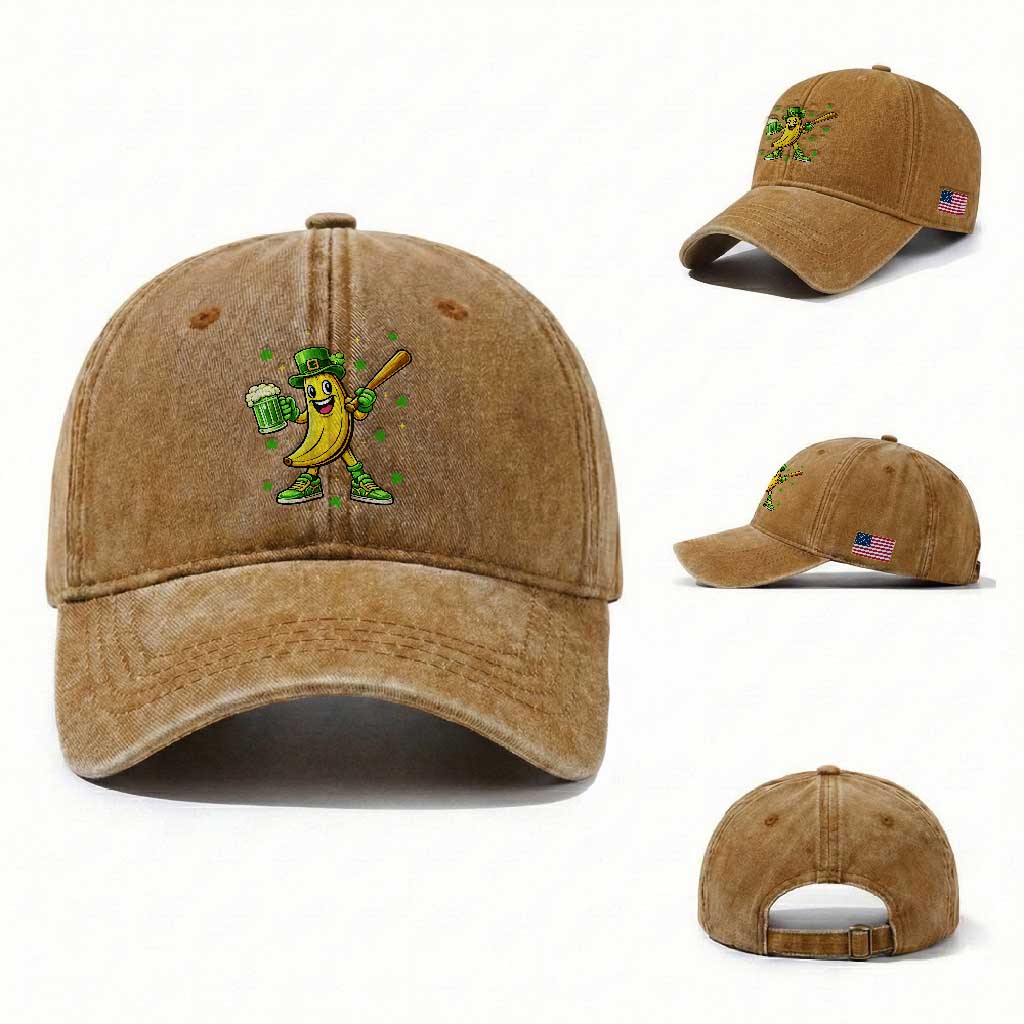 Funny Banana Baseball Player Gift Washed Cotton Baseball Cap St Patricks Day TS12 Washed Cap Universal Fit Yellow Ochre Print Your Wear