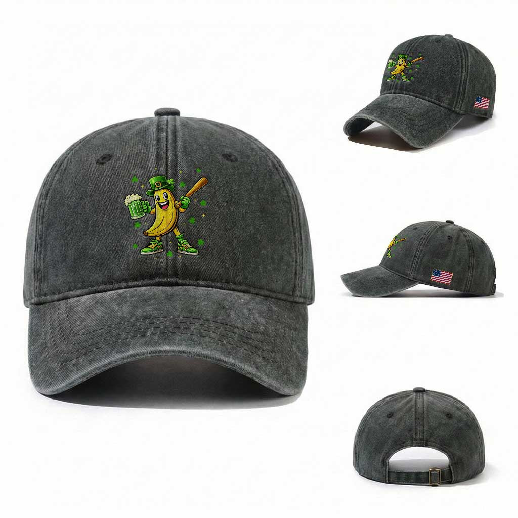 Funny Banana Baseball Player Gift Washed Cotton Baseball Cap St Patricks Day TS12 Washed Cap Universal Fit Dark Green Print Your Wear
