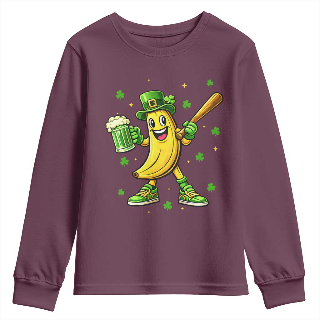 Funny Banana Baseball Player Gift Youth Sweatshirt St Patricks Day TS12 Maroon Print Your Wear