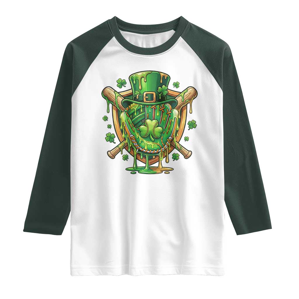 Slimy Shamrock Baseball Glove Raglan Shirt St Patricks Day Gift TS12 White Dark Forest Green Print Your Wear