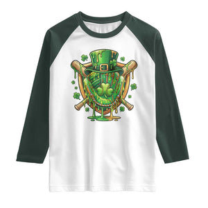 Slimy Shamrock Baseball Glove Raglan Shirt St Patricks Day Gift TS12 White Dark Forest Green Print Your Wear