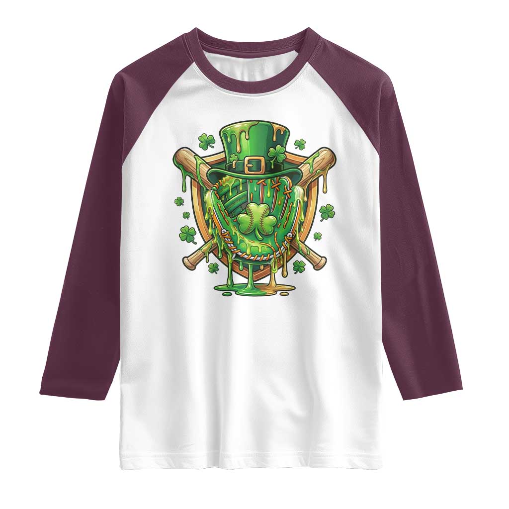 Slimy Shamrock Baseball Glove Raglan Shirt St Patricks Day Gift TS12 White Maroon Print Your Wear