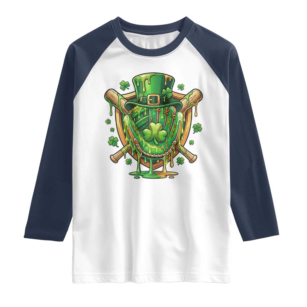 Slimy Shamrock Baseball Glove Raglan Shirt St Patricks Day Gift TS12 White Navy Print Your Wear