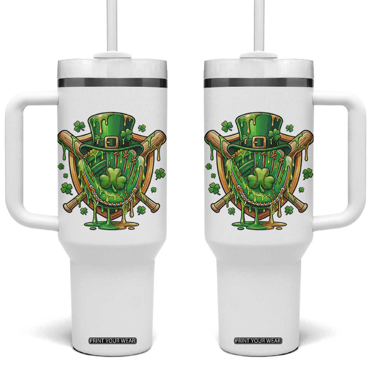 Slimy Shamrock Baseball Glove Tumbler With Handle St Patricks Day Gift TS12 One Size: 40 oz White Print Your Wear