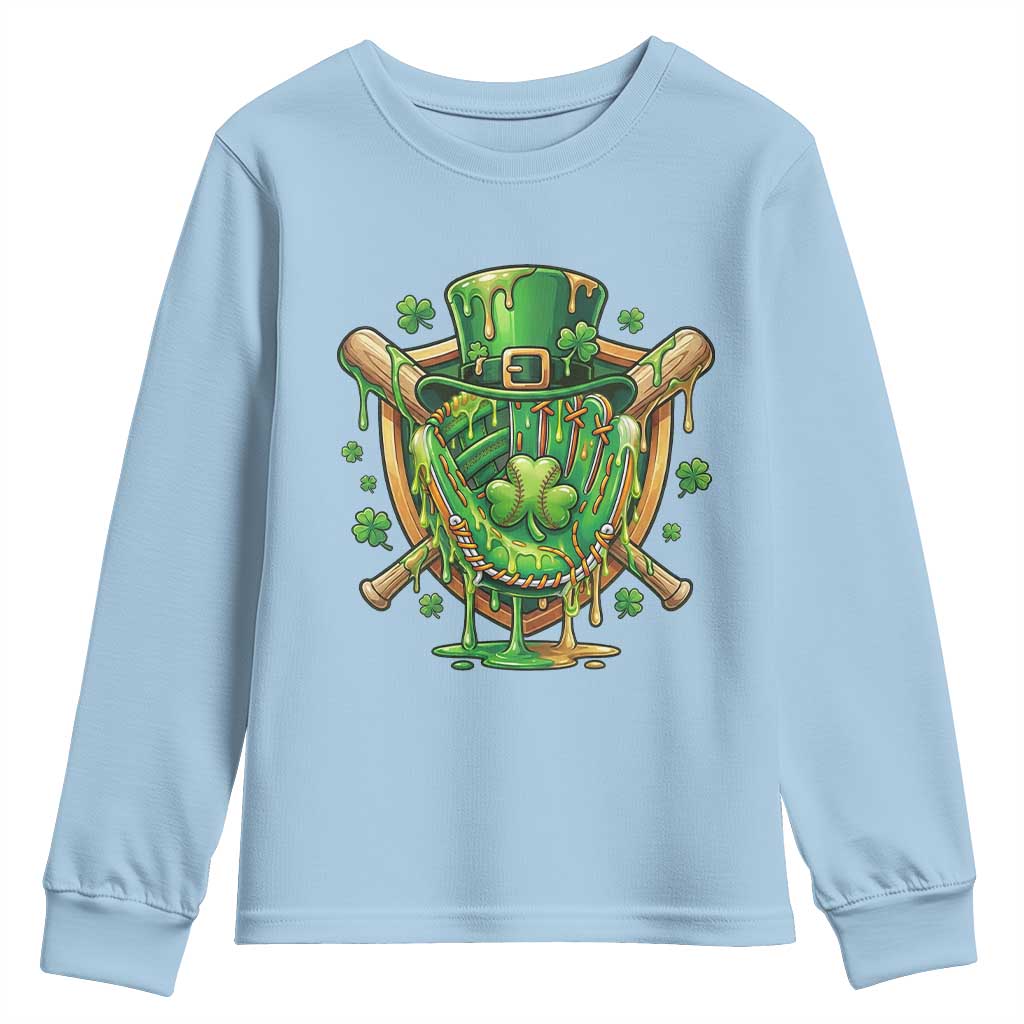 Slimy Shamrock Baseball Glove Youth Sweatshirt St Patricks Day Gift TS12 Light Blue Print Your Wear