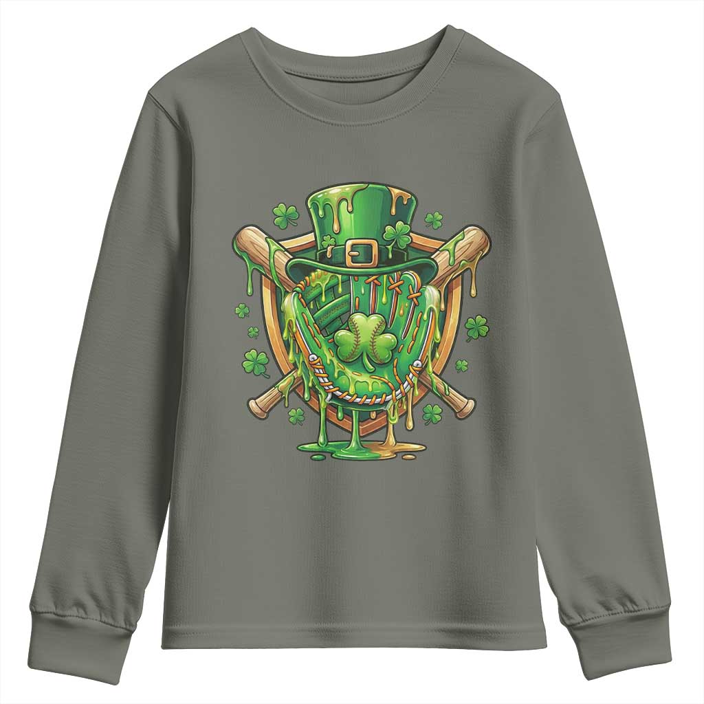 Slimy Shamrock Baseball Glove Youth Sweatshirt St Patricks Day Gift TS12 Military Green Print Your Wear