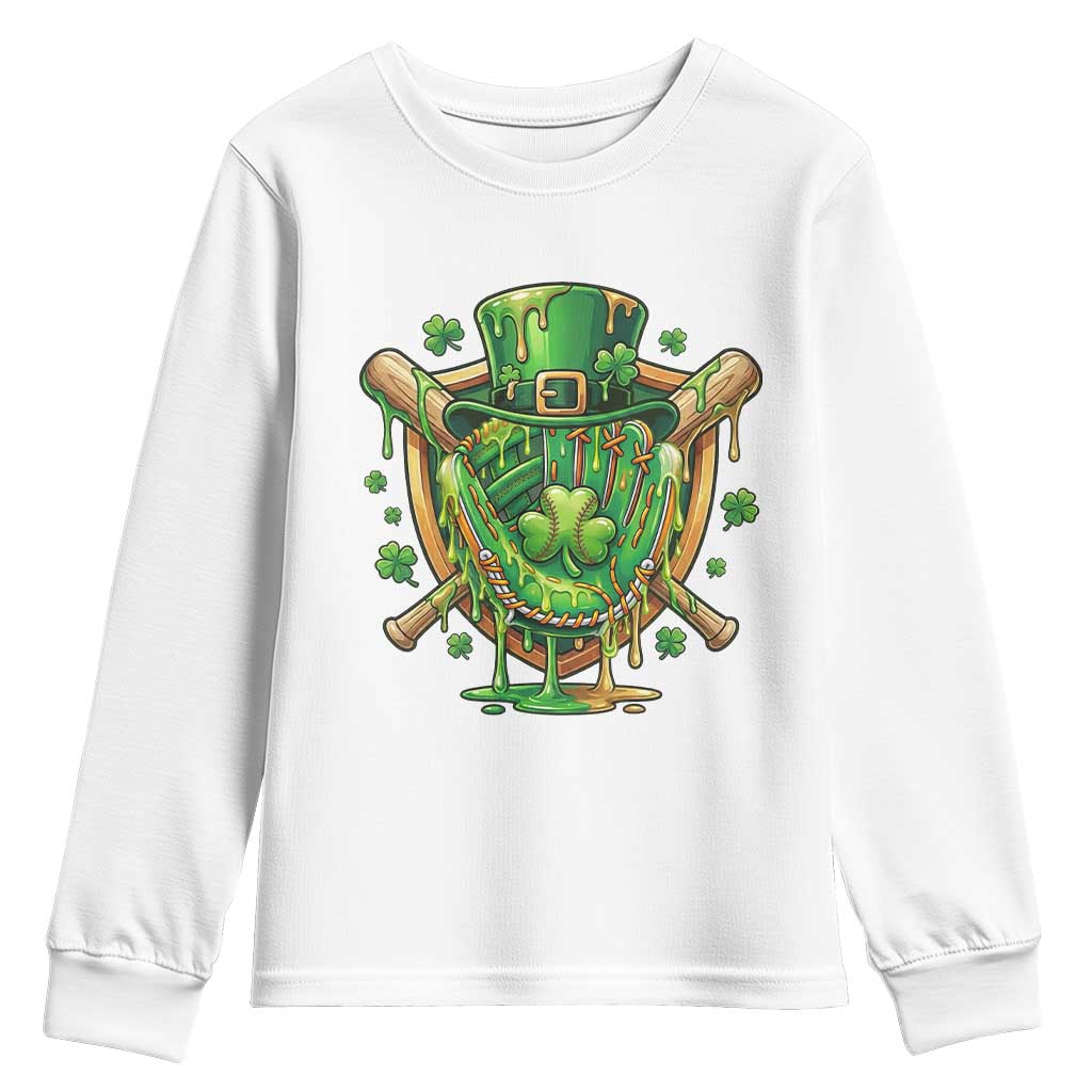 Slimy Shamrock Baseball Glove Youth Sweatshirt St Patricks Day Gift TS12 White Print Your Wear