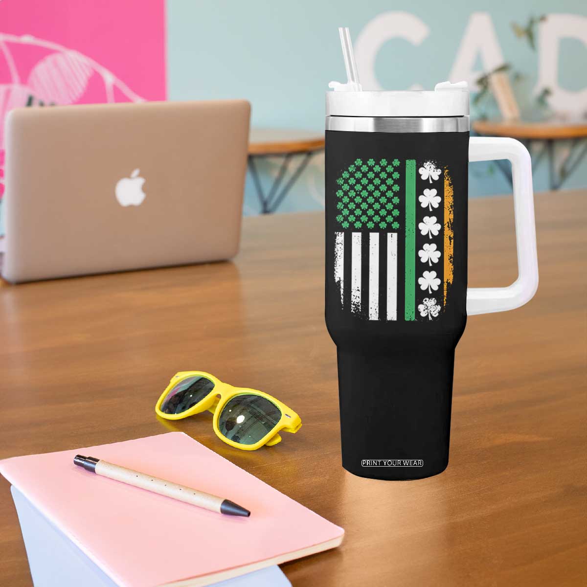 USA Flag With Shamrocks Tumbler With Handle St Patricks Day Gift TS12 Print Your Wear